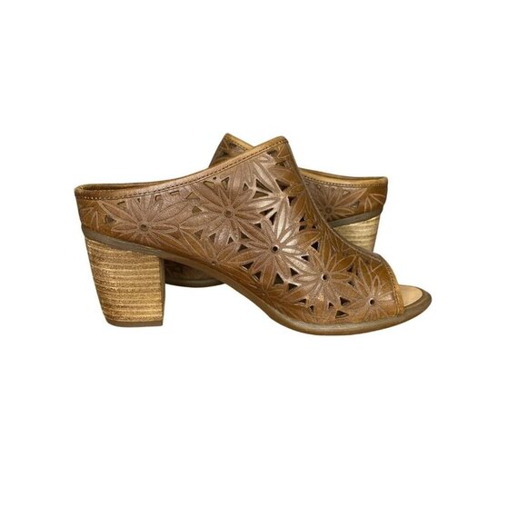 Josef Seibel Leather Open Toe Mules Size 37/6 Floral Cutout Design Stacked Heel - Picture 6 of 9
